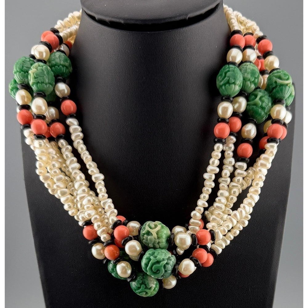 Vintage KJL Kenneth Jay Lane Necklace Multi Strand Asian Style Beaded Necklace